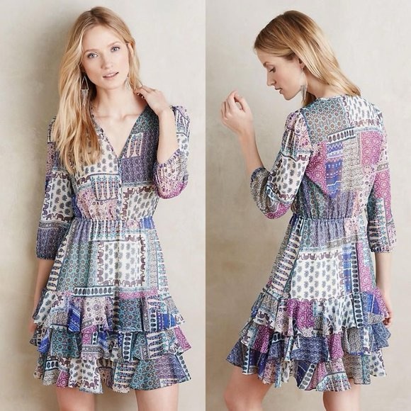 Anthropologiehiche Ambrose Dress Ruffled Tiered Blue Purple Boho Medium New